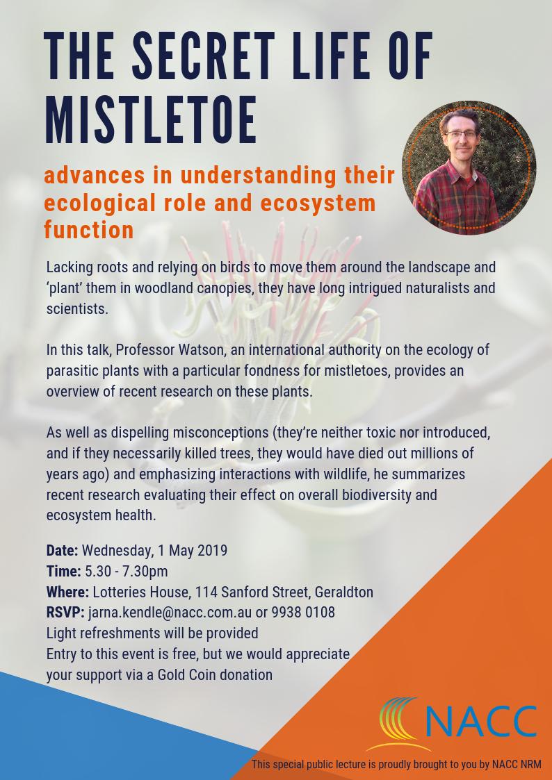 NACC_NRM's tweet image. The secret life of mistletoe - free public talk. 

In this talk, @D0CT0R_Dave , an international authority on the ecology of parasitic plants with a particular fondness for mistletoes, provides an overview of recent research on these plants. #OzPlants #PeopleOfNRM