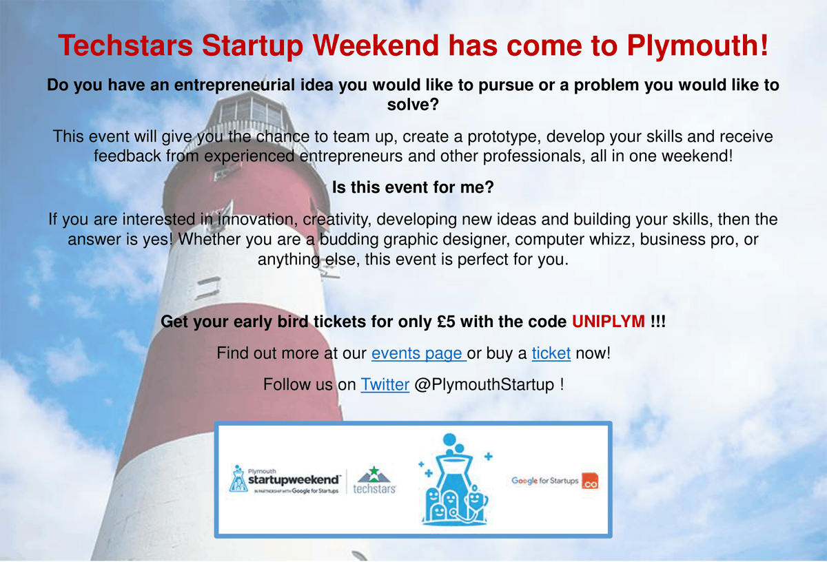 This is an excellent opportunity to make that idea a reality at Plymouth Ocean Studios. Check out this link for tickets and more information: ow.ly/3WBw50p4YD6…/pl…/startup-weekend/14402