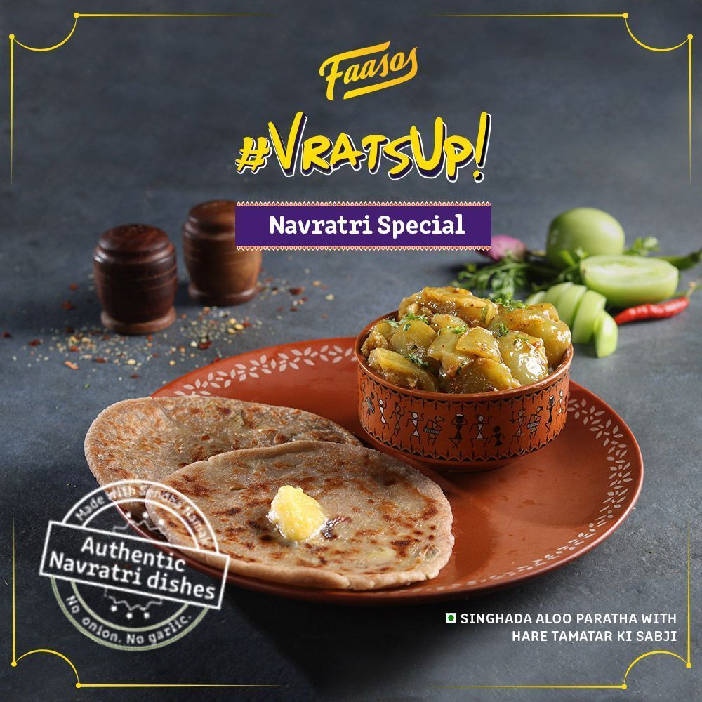 faasos's tweet photo. Our aloo parathas, made with singhada atta is truly wholesome! To make it more delicious, try it with Hare Tamatar ki Sabji.
#VratsUp? Nothing Much, Just Fasting!
Made with Sendha Namak. No Onion or Garlic. Try out our #VratsUp Navratri Special menu today. Order from Faasos App https://t.co/xon8wJHOMt