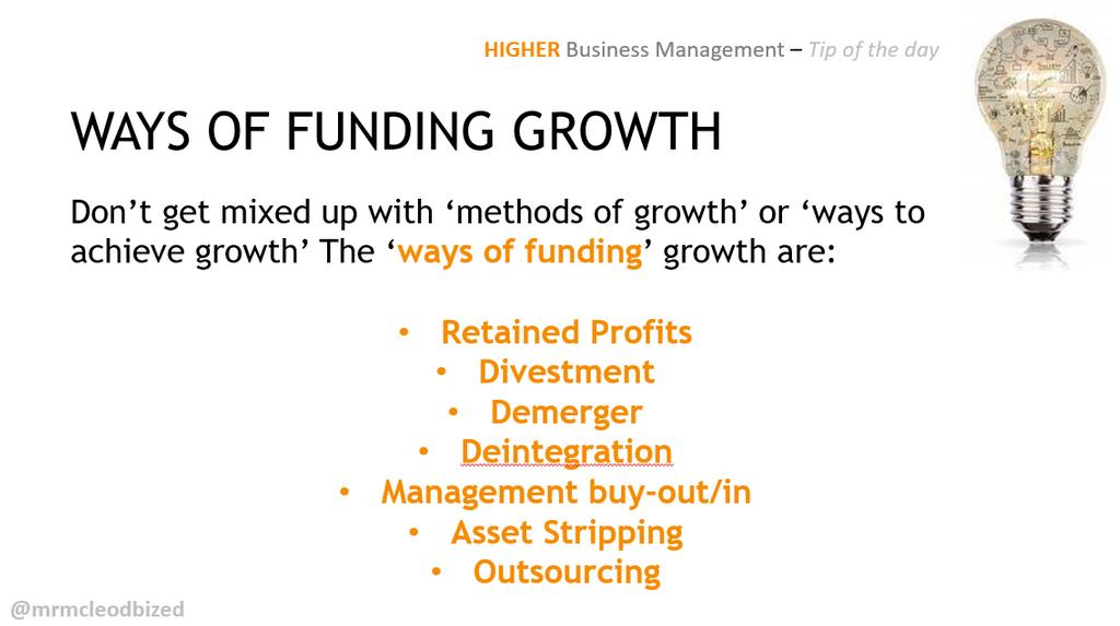 Higher Business Management - Tip of the day! Loads of WAYS of funding growth. Get revising these now, notes on GLOW! <a href="/AuchmutyHS/">Auchmuty High School</a>