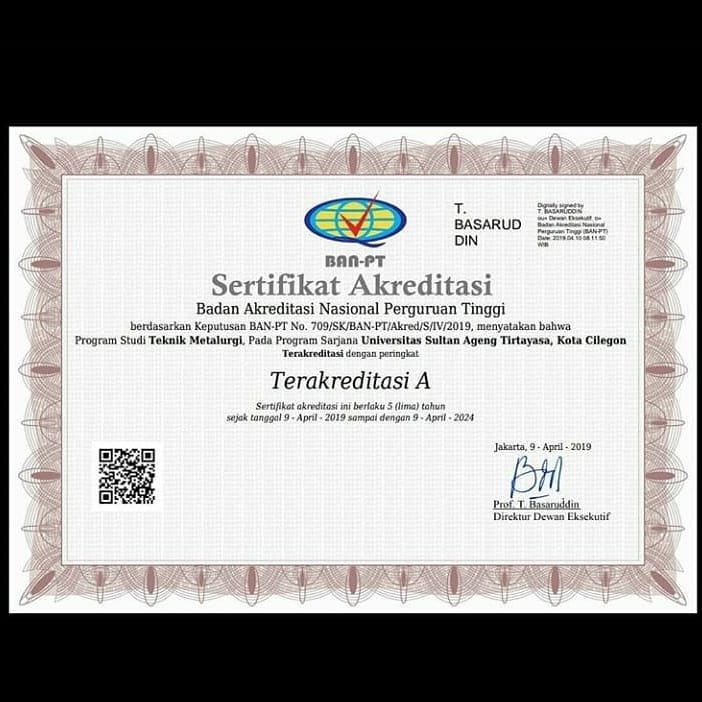 [INFORMASI AKADEMIK]⁣
⁣
Kami BEM KBM UNTIRTA mengucapkan selamat kepada Jurusan Teknik Metalurgi atas diraihnya akreditasi "A".⁣
Semoga dengan pencapaian ini, dapat memotivasi mahasiswa dan civitas akademika untuk menjadi lebih baik.⁣

#BEMUntirta2019⁣
#LokomotifPerjuangan⁣