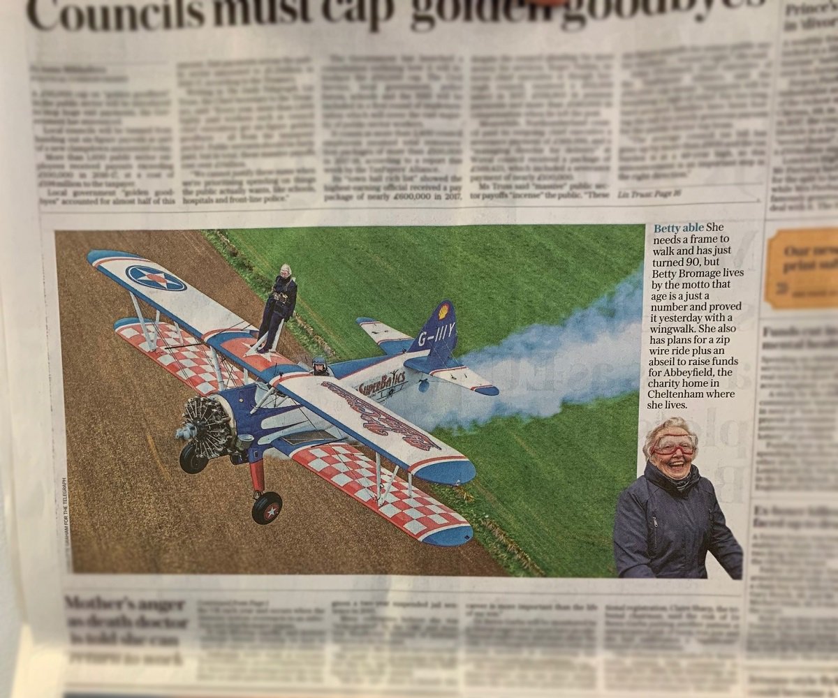 Fantastic to see our inspirational resident Betty on page 2 of the <a href="/Telegraph/">The Telegraph</a> this morning! At 90 years old, she took on her fourth wing walk yesterday. Truly inspirational 🙌🏼 #WednesdayWisdom