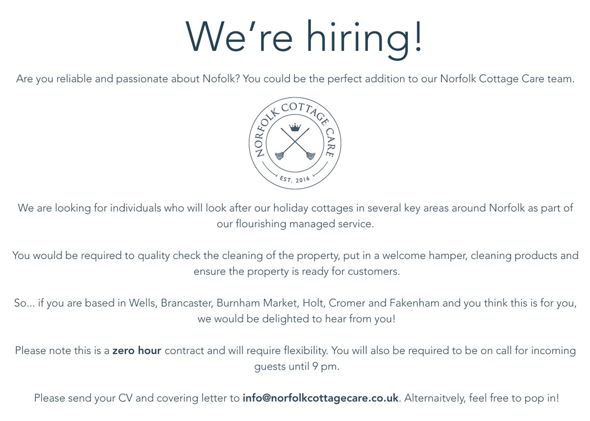 🌼 We're hiring! 🌼 

Are you reliable and passionate about Norfolk? You could be the perfect addition to our Norfolk Cottage Care team!