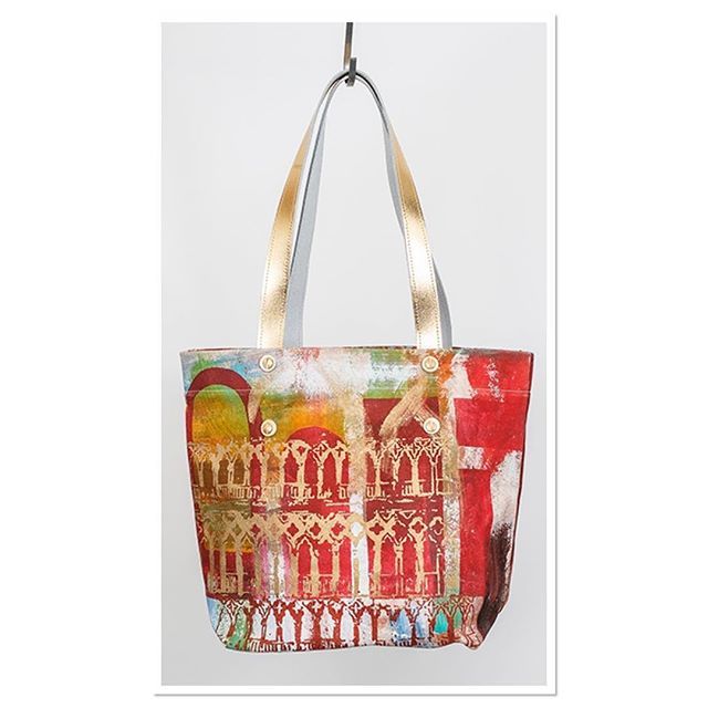 This is a simple unlined canvas shopper with real leather handles. Orange, white &amp; gold. Painted by Carole Waller onto artists canvas and made by the wonderful @charlottyengland £85. #carolewaller #giftideas #totebags #shoppingbath