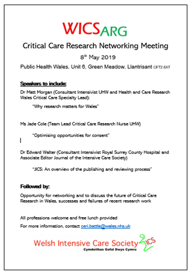 The <a href="/wicsarg/">WICSARG</a> <a href="/WelshICS/">Welsh Intensive Care</a> Research / networking study day still has some spare places. 8th May. Free day with lunch included, chance to get involved in Crit Care research in Wales. Great speakers <a href="/dr_mattmorgan/">Dr Matt Morgan</a> Jade Cole of <a href="/UHWResearch/">UHW Critical Care Research</a> and Ed Walters of <a href="/Journal_ICS/">JICS</a>. DM me for info