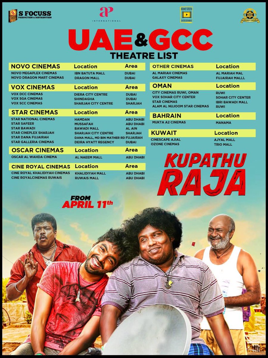 rameshlaus's tweet photo. Here’s the theatre list for G.V.Prakash Kumar's #KupathuRaja releasing in UAE &amp; GCC on April 11th onwards!

#KupathuRajaFromApril11inGulf

@gvprakash @rparthiepan @ProSfocuss @DoneChannel1 @TimesMusicSouth https://t.co/NmQfyi3A9A