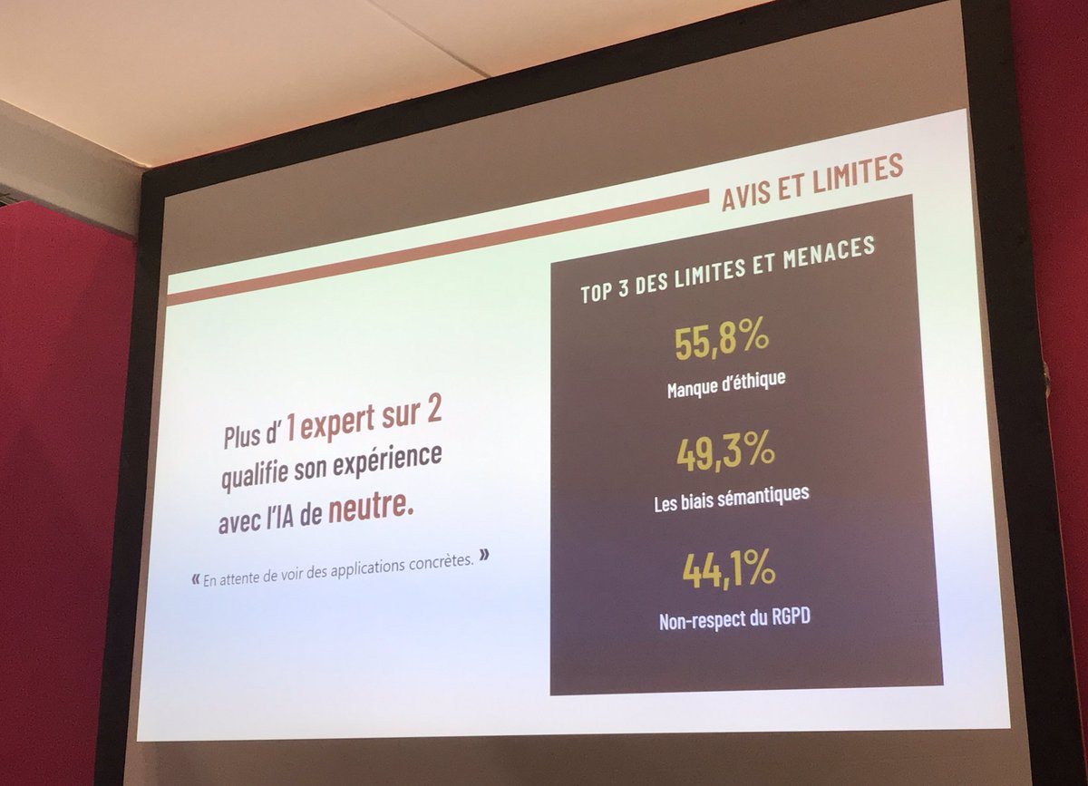 ArnaudLeRoux's tweet photo. Les menaces qui sont principalement mises en avant par les expert(e)s de l’ #IA et du #marketing sur Twitter : 
1️⃣ Le manque d’éthique 
2️⃣ Les biais sémantiques 
3️⃣ Le non-respect de la #RGPD
Ça vous parle @SeverineLienard @ThomasSolignac @CathCervoni #EMKTP2019 @PPC #LBDW https://t.co/9HAdgt0Qyh