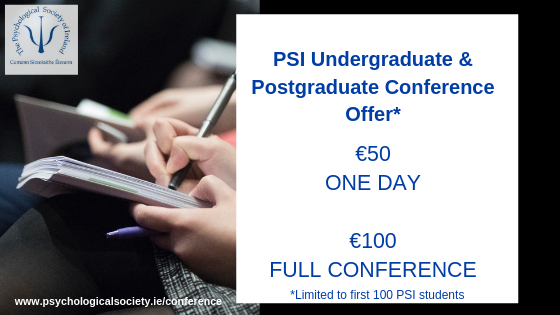 📣Calling all PSI Undergrad &amp; Postgrad Students! For the first 100 students, it is €100 for Full Conference (includes a gala dinner ticket) and €50 for One Day!
psychologicalsociety.ie/conference  
<a href="/PSI_SAG/">PSI Student Affairs</a> <a href="/MUPsychSoc/">Maynooth PsychSoc</a> <a href="/UCDPsychology/">UCD Psychology</a> <a href="/PsychologyDBS/">Psychology DBS</a> @nuigalway <a href="/waterfordit/">OConnellSchool</a> <a href="/ULPsych/">UL Psychology</a>