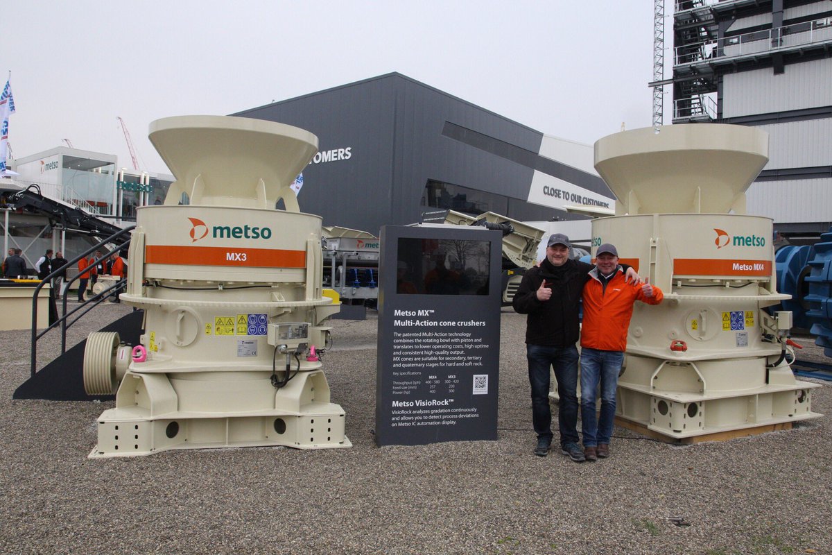 MetsoOfficial's tweet photo. A happy new owner posing with the #MetsoMX brothers: Manfred Maucher from SUSA Altenhain, Germany #MetsoBauma #Bauma2019 https://t.co/KDegYFiPsU