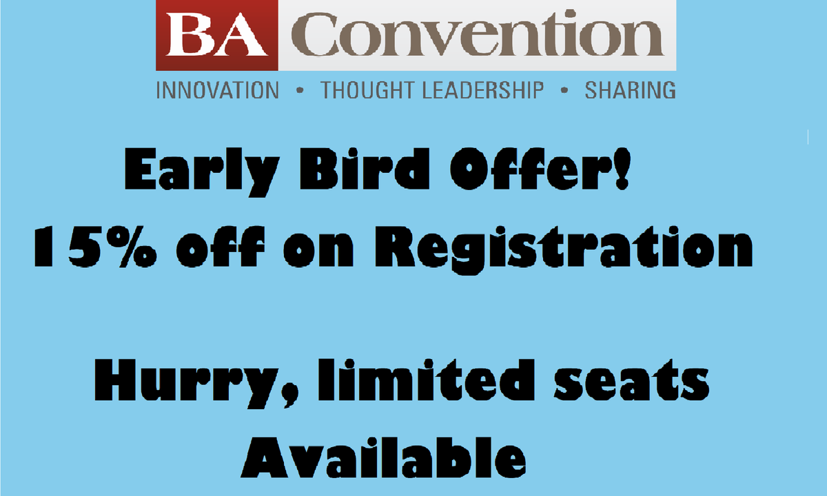 Join Asia's biggest conference on Business Analysis - "#BAConvention2019", scheduled on 21-23 Aug at Bangalore. Meet Industry leaders at BA Convention to grow your BA Capabilities.

HURRY &amp; JOIN now with a special discount of 15% off on registration price: bit.ly/2GoxncC