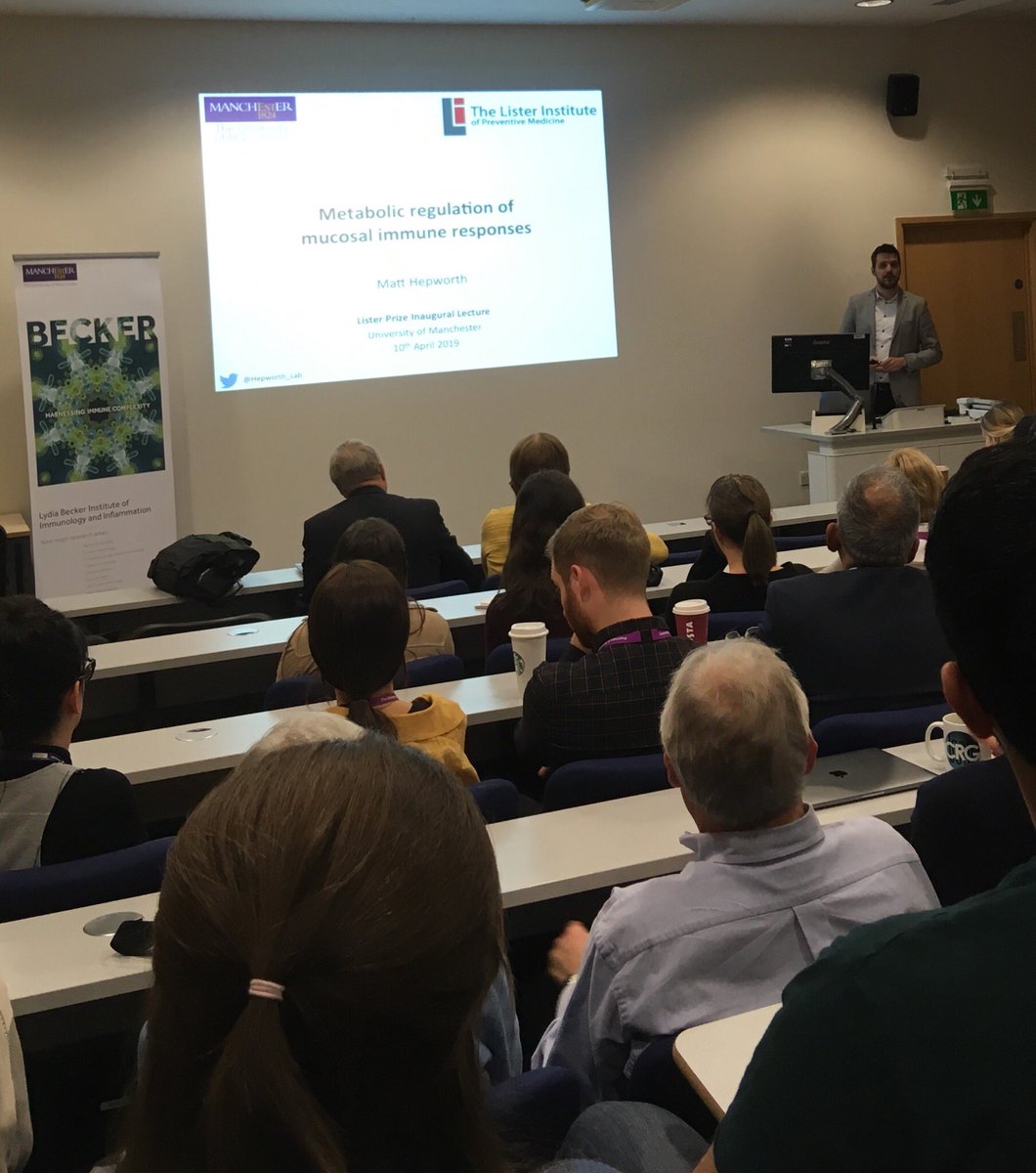 ProfAndrewMac's tweet photo. Great turnout for Matt Hepworth’s @ListerInstitute Inaugural, talking about metabolic control of mucosal immunity. Congratulations Matt! #immunometabolism #microbiota #ILCs #PIjacket @LydiaBeckerIII @Hepworth_Lab https://t.co/gng9dLeLKP