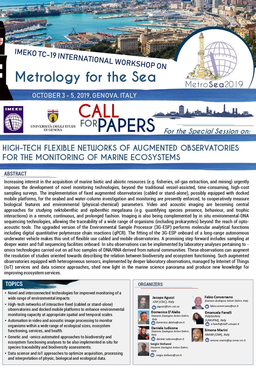 2019 IMEKO TC-19 International Workshop on
Metrology for the Sea
October 3 - 5, 2019, Genova, Italy
More Information Here:
metrosea.org/special-sessio…

#sea #metrology #sensors #genova2019 #metrosea #workshop #IMEKO