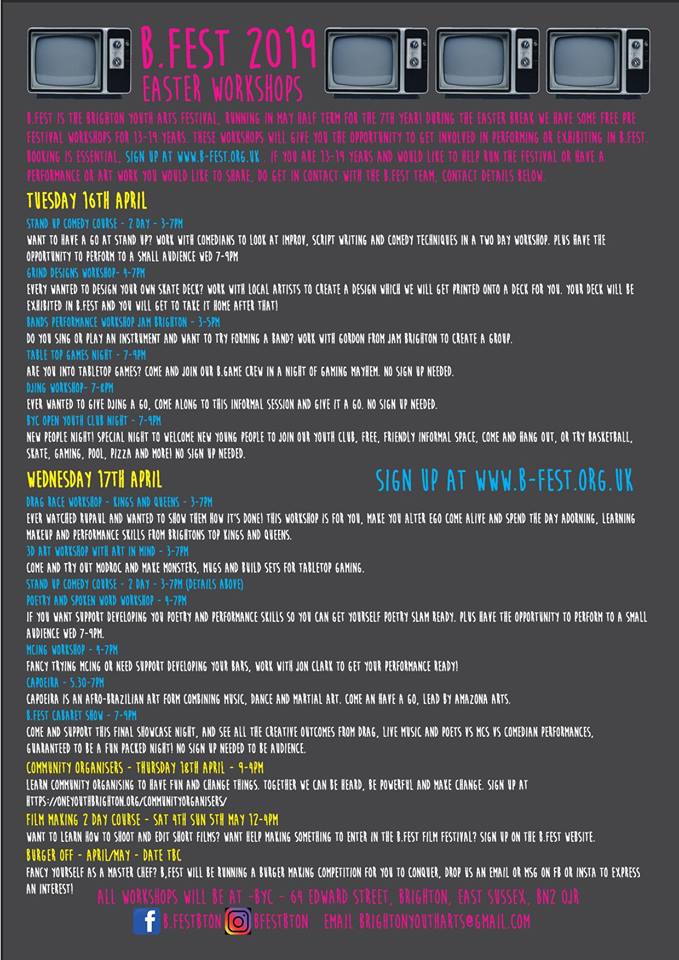 Youth Collective (@bhycollective) on Twitter photo B.fest Easter workshops running throughout easter with BYC <a href="/BtnYouth/">BrightonYouthCentre</a>
. Sign up at B-FEST.org.uk
#youngpeople #workshops #Easterworkshops #Bfest #youthopportunities #BrightonYouth #Brighton B.fest Easter workshops running throughout easter with BYC <a href="/BtnYouth/">BrightonYouthCentre</a>
. Sign up at B-FEST.org.uk
#youngpeople #workshops #Easterworkshops #Bfest #youthopportunities #BrightonYouth #Brighton