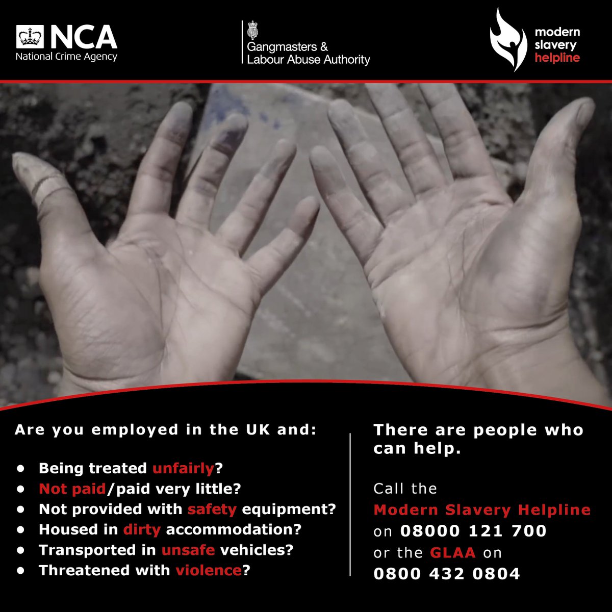 NCA_UK's tweet photo. Most companies treat employees well but a minority don’t comply with the law. Do you know the signs of workplace exploitation? Get support or report suspicions confidentially to @UK_Glaa or @MSHelpline https://t.co/3JlkOSRo6c