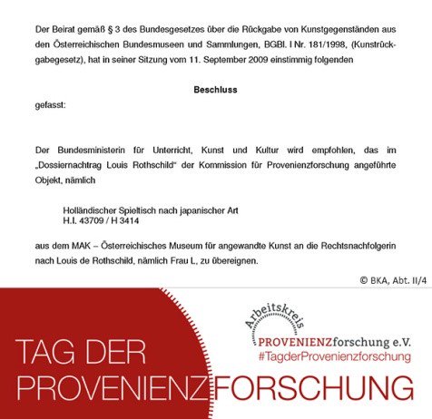 #DayofProvenanceResearch #StoryOfAGamingTable Part 8:
Now I could write a dossier and on 11 November 2009 the Advisory Panel recommended the restitution of the gaming table: provenienzforschung.gv.at/beiratsbeschlu….