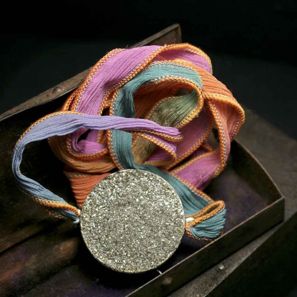 roseanddella's tweet image. Crushed Pyrite Crystal and Glitter Crinkle Ribbon Tie Wrap Bracelet tuppu.net/11a28092 #handmadejewelry #bohojewelry #CopperElectroformed