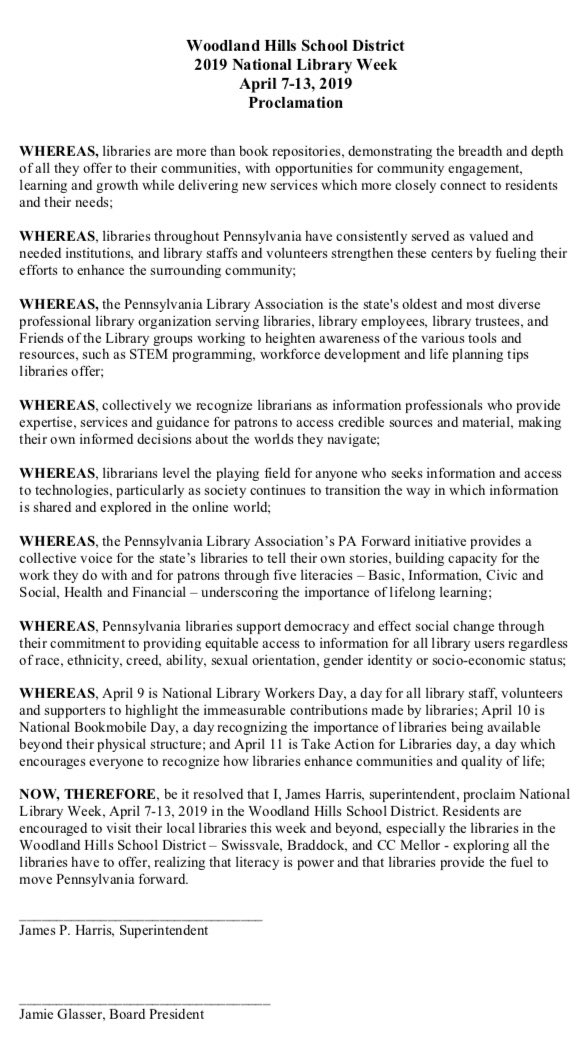 WHHS_Library's tweet image. It’s #NationalLibraryWeek! The @WoodlandHillsSD is proud to have great public libraries in our district: @CCMellorLibrary, @BraddockLibrary, and Carnegie Free Library of Swissvale. Our school board will issue a proclamation celebrating this week! @carnegielibrary @PALibraryAssoc