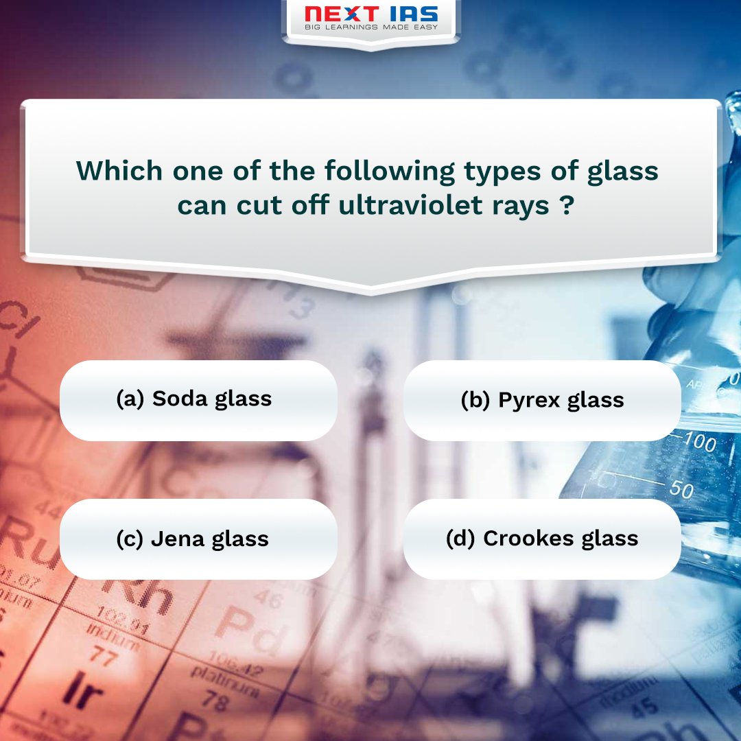 NEXTIAS_Delhi's tweet image. Which one of the following types of glass can cut off ultraviolet rays ?

#sciencequiz #ultravioletrays #glass #upsc #nextiasquiz #science #mission2019 #rays #QuestionOfTheDay #CSE #quiz #exams #WednesdayWisdom #Questiontime #scienceandtech #upscexam