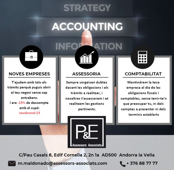 AssessorsPyE's tweet image. Com a #empresa i #empresari has d'estar al corrent de moltes coses, i a @AssessorsPyE ho estem per tu.
#Andorra #comptabilitat #gestoria #assessoria #fiscalitat #andorrana