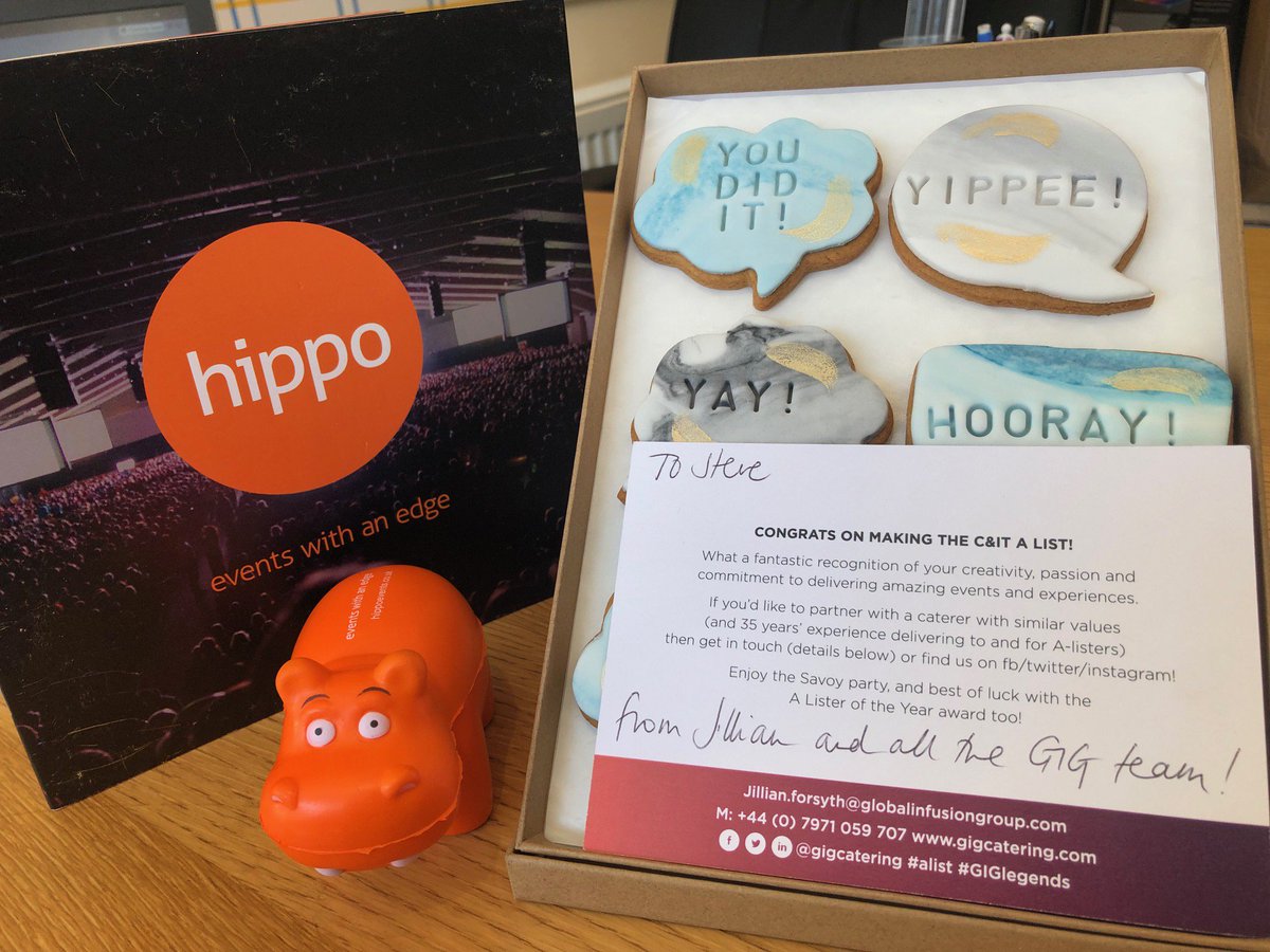 HippoEventsUK's tweet photo. A big thank you to @GIGCatering for their very kind gift drop - some awesome celebration biscuits - for our Director, Steve, making the C&amp;IT A List! #C&amp;IT #Alist #ThankYou #Yummy #Events #Hippo https://t.co/tASwQRvS6o