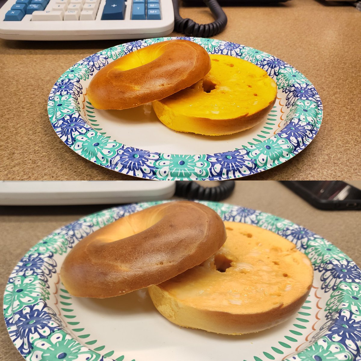 GadgetsSpec's tweet photo. Today's breakfast is an egg bagel. Which phone took which photo? Its between the Samsung S10+ and the Xiaomi Mi 9. #SMARTPHONE #camerawars #gadgets #bagel #breakfast #humpday #samsung #s10+ https://t.co/ZtnWCI5wil