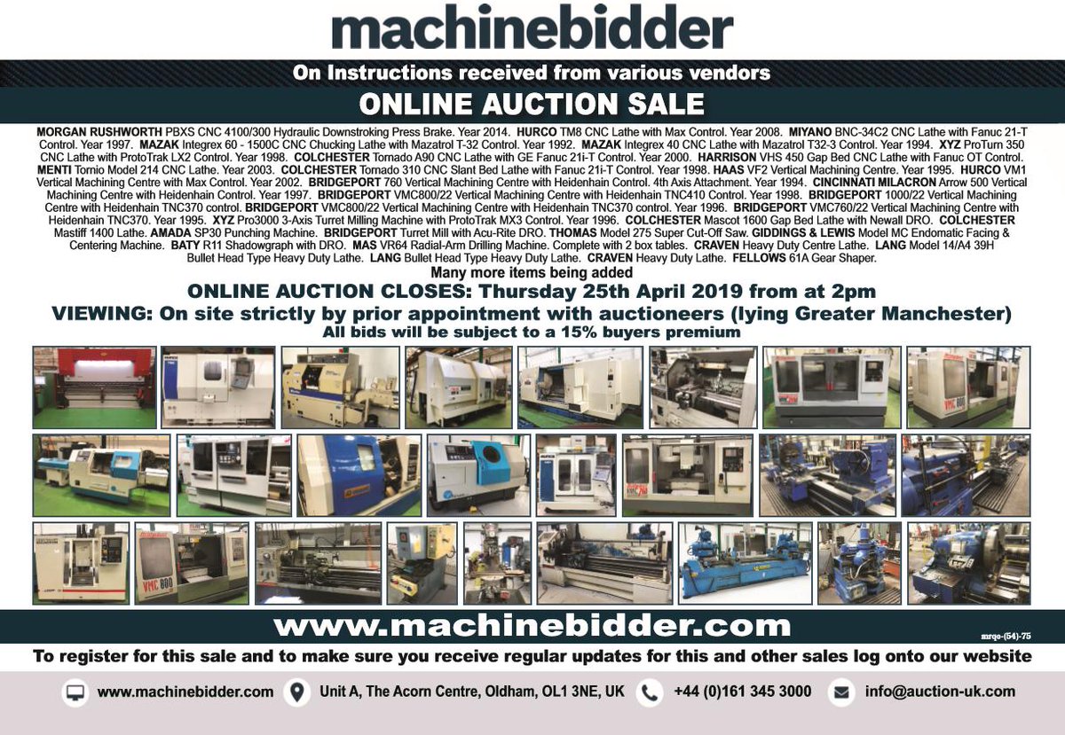 machinebidder's tweet photo. ONLINE AUCTION SALE OF CNC & CONVENTIONAL MACHINE TOOLS !!
Auction Closes 25th April From 2PM !!
For further details visit https://t.co/7XANUsGZKa
#machinebidder #machinestools #cnc #engineering #metalwork https://t.co/uwMTGynGIO