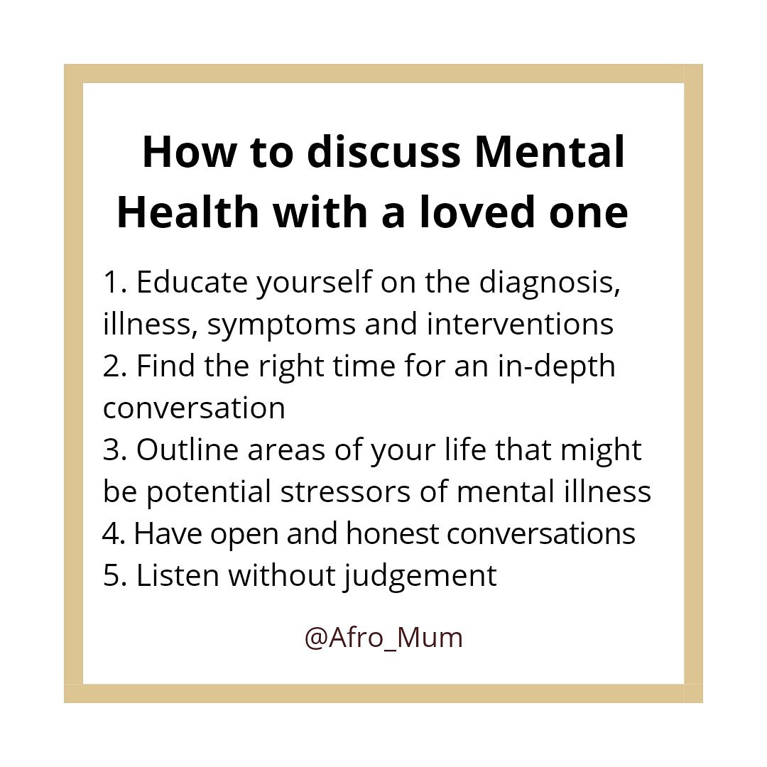 Afro_Mum's tweet photo. There are many ways you can help someone with a mental illness to navigate the treatment system and work towards recovery. How do you discuss Mental Health with them? 

#WellnessWednesday 
#MentalHealth https://t.co/rnkrjpdY6O