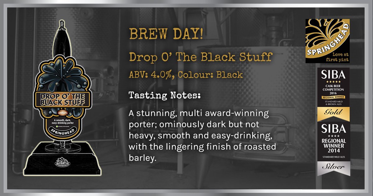 Brew day! Today we're brewing the ominously dark and deliciously smooth porter, Drop O' The Black Stuff!

#dropotheblackstuff #porter #brewday #realale #beer #craftbeer #brewery #microbrewery #springhead #lovemyjob #brewlife #wednesdaymotivation #awardwinner #goldmedal