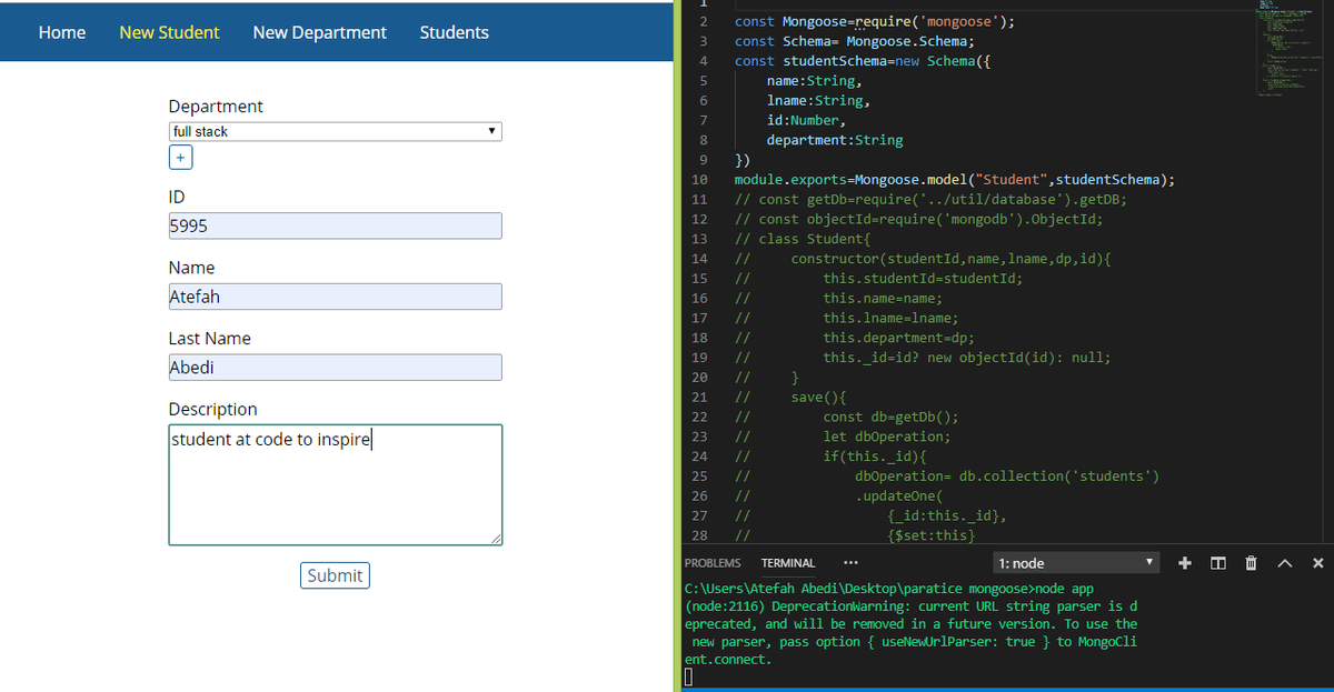 AtefaAbedi's tweet photo. Last day I completed  #studentRegistration in #mongoose replacing with #MongoDB in #nodjs😀😀
@CodeToInspire 
#AfhanGirlsCode https://t.co/EBKXjF7tnR