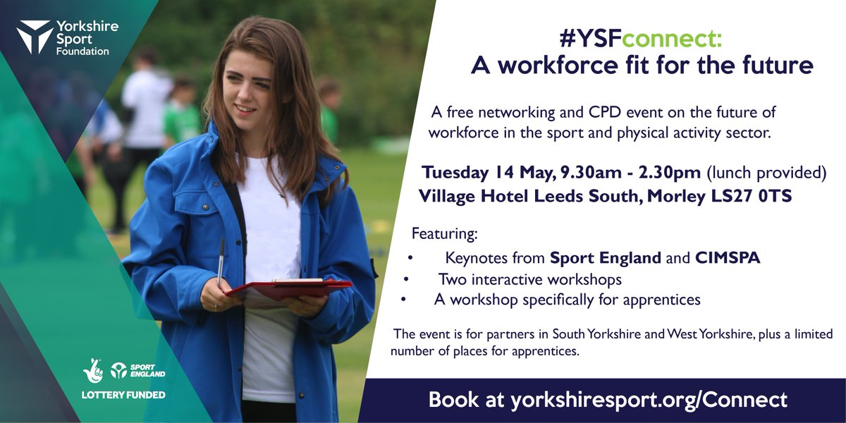 YorkshireSport's tweet photo. Bookings are open for our next #YSFconnect event - A workforce fit for the future.

Featuring keynotes from @Sport_England and @cimspa, plus two workshops on apprenticeships, and diversity and inclusion in your workforce.

Book your free place at https://t.co/4MiA5wYnho https://t.co/VFHvaaU8Xj