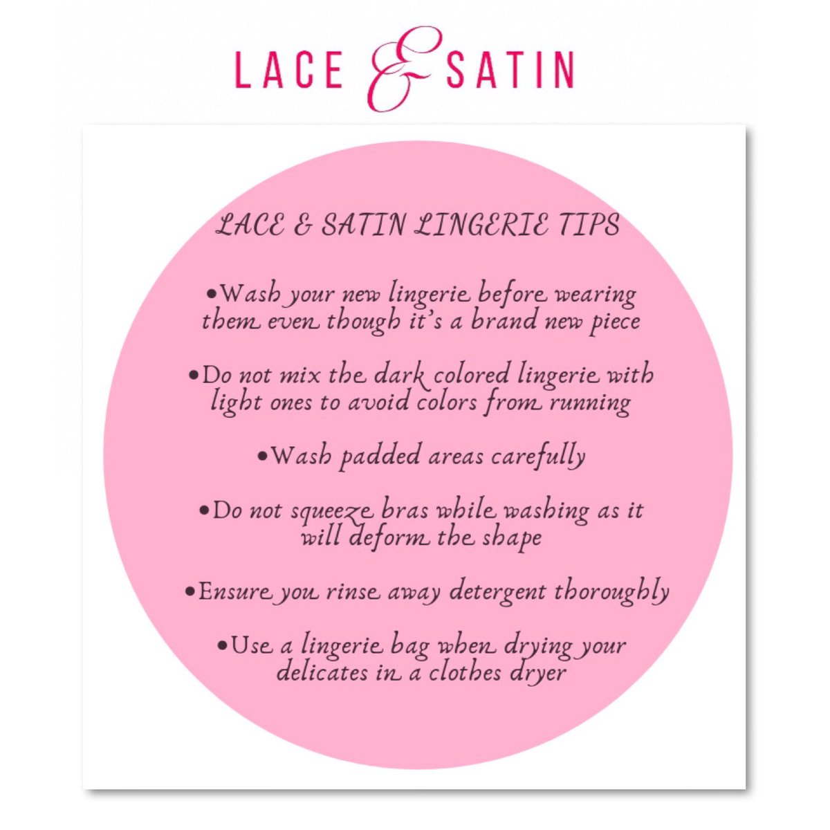 Hey Dolls!!!
Ever wondered how to properly wash your lingerie?? Here are a few tips on how to do so.
Remember cleanliness is a major part of being sexy 😉😉
#laceandsatin #underneathyourebeautiful #lingerie #lingerieaddict #lingerieonline #lingerieshop #lingerieinnigeria