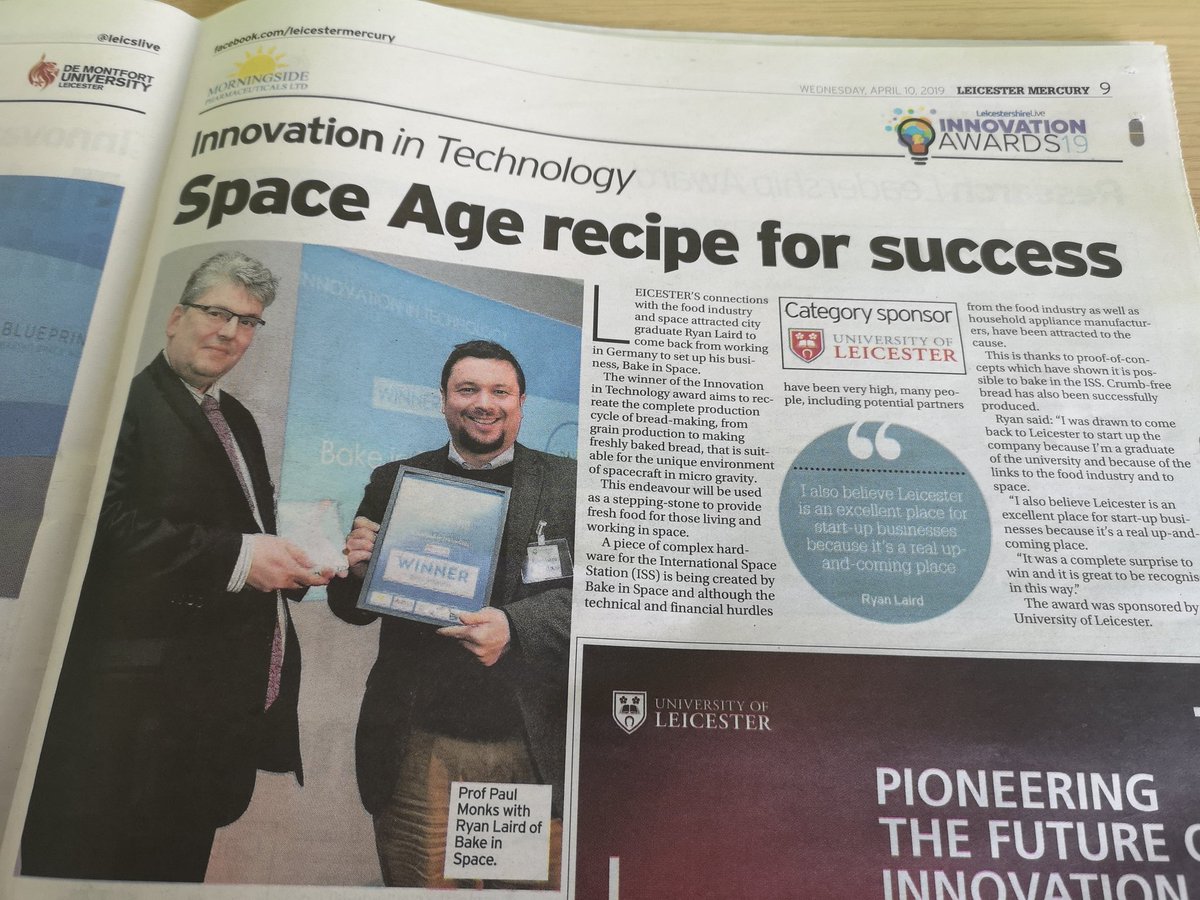 rjmlaird's tweet photo. Here it is. Feature in the #LeicesterMercury today about the @leicslive #LLIA2019 awards we won @bakeinspace for "Innovation in Technology". Thanks again, category sponsor @uniofleicester! #BakeInSpace https://t.co/9hJj4zr8wx