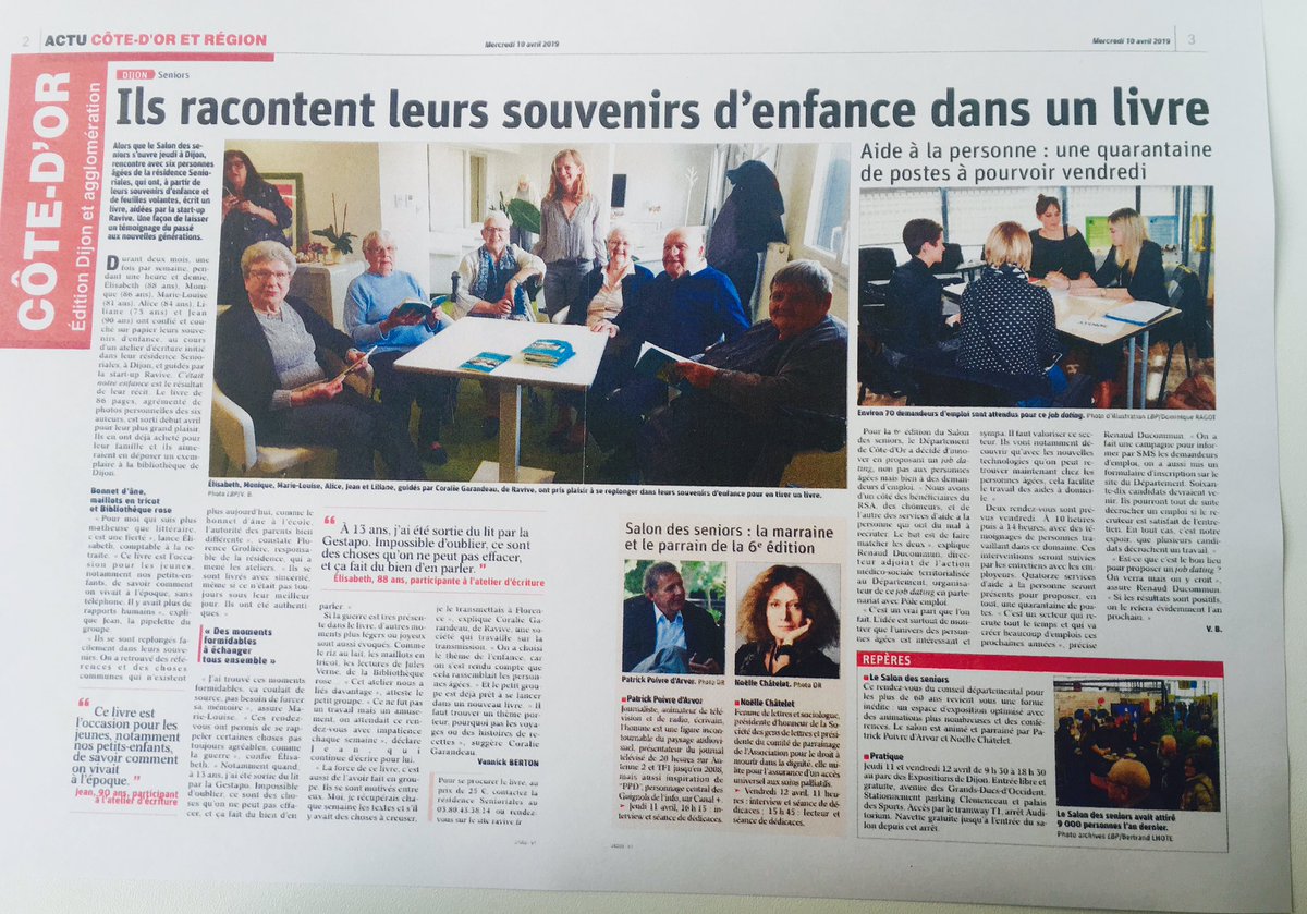 senDijon21's tweet photo. Nos résidents écrivains à l'honneur dans le @Lebienpublic de ce jour dans le cadre du test @LabSenioriales  #ravive ils racontent leur enfance 👏👏@senDijon21 @senioriales @dijon #coranew https://t.co/ixTaKRTZPZ