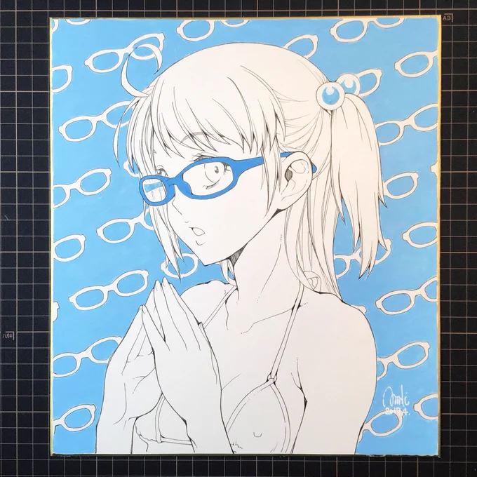 先ほどの色紙を出品いたしました。
自画自賛ですが、カワイく描けたので気に入った方の元へ嫁いで行ってくれるといいなぁ。

数日毎に価格が下がっていく逆オークション的な販売方式です。
よろしくどうぞ。
完成品色紙「青眼鏡ちゃん」 | 朝木 BOOTH SHOP https://t.co/mCBrBLUbt7 #booth_pm 