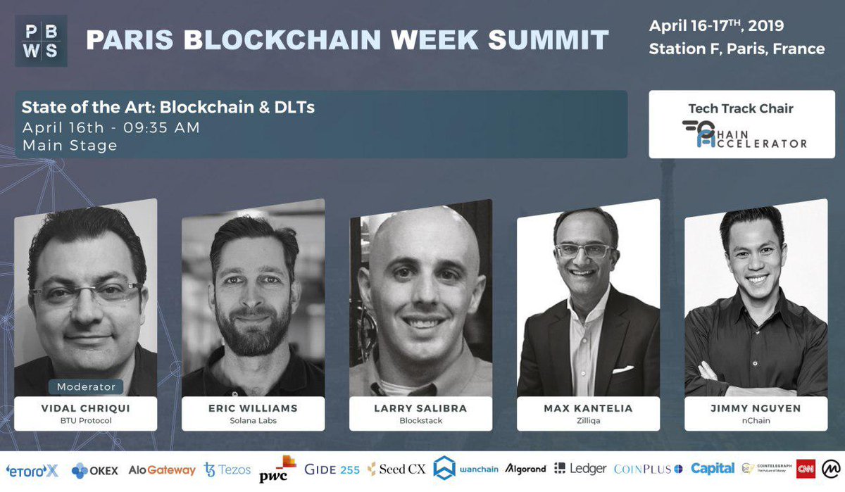 Come &amp; meet us during the #Paris @PBWSummit #PBWS. Our CEO <a href="/vidal007/">vidal vidal</a> will be moderating the panel "State of Art: Blockchain &amp; DLTs" (April 16th) with <a href="/MaxKantelia/">Max</a> (<a href="/zilliqa/">Zilliqa</a>), <a href="/sciencethedata/">Eric</a> (<a href="/SolanaLabs/">Solana Labs</a>), <a href="/larrysalibra/">Larry Salibra | larry.btc</a> (@blockstack) &amp; @JimmyWinMedia (<a href="/nchainglobal/">nChain</a>) as speakers