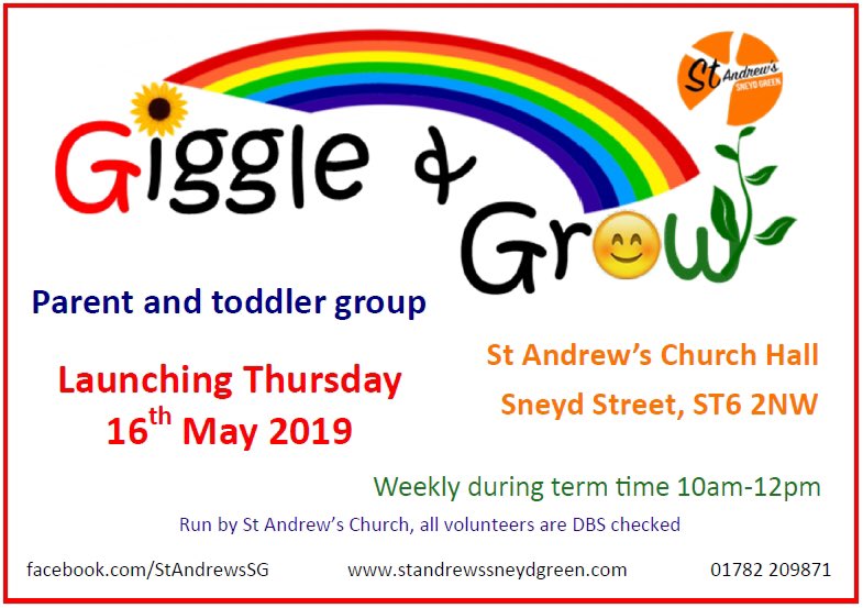 St Andrew's Sneyd Green (@standrewssg) on Twitter photo Absolutely thrilled to announce that we are launching a new toddler group at St Andrew’s!!! #GiggleandGrow launches on 16th May - everyone welcome!
<a href="/Lich_RNG/">Lichfield RNG Team</a> <a href="/Lichfield_CofE/">Lichfield Diocese</a> <a href="/churchofengland/">The Church of England</a> <a href="/Sotlive/">StokeonTrentLive</a> <a href="/SneydGreenPS/">Sneyd Academy</a> @CoopSneyd Absolutely thrilled to announce that we are launching a new toddler group at St Andrew’s!!! #GiggleandGrow launches on 16th May - everyone welcome!
<a href="/Lich_RNG/">Lichfield RNG Team</a> <a href="/Lichfield_CofE/">Lichfield Diocese</a> <a href="/churchofengland/">The Church of England</a> <a href="/Sotlive/">StokeonTrentLive</a> <a href="/SneydGreenPS/">Sneyd Academy</a> @CoopSneyd