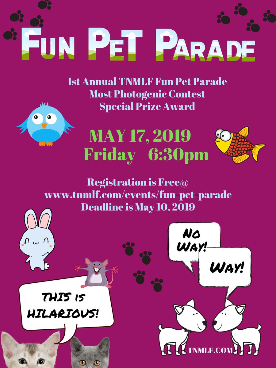 SeeMoCoTN's tweet photo. Free registration on line: https://t.co/80zFmaL9jb
Deadline is May 10.
Submit photo of pet with registration to: secretarymcta@gmail.com #seemoco #tnmlf #funpetparade #tnvacation #madeintn https://t.co/TrpAb56Pfs
