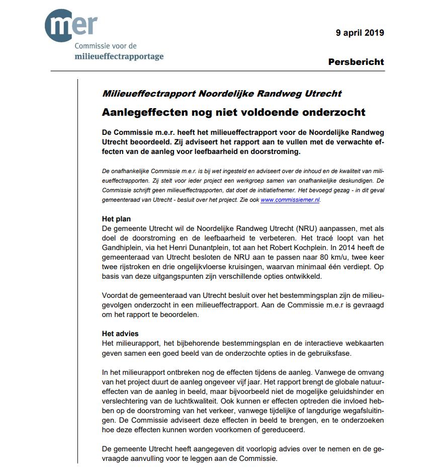 Zo, de Commissie MER heeft een voorlopig advies uitgebracht over de plannen om de Noordelijke Randweg #Utrecht #Overvecht #NRU aan te pakken. In het knipsel de conclusies, het hele voorlopige toetsingsadvies lees je hier: commissiemer.nl/docs/mer/p25/p…
