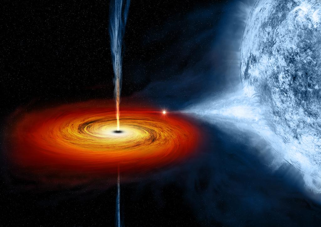 An artist's drawing a black hole named Cygnus X-1. It formed when a large star caved in. This black hole pulls matter from blue star beside it.
