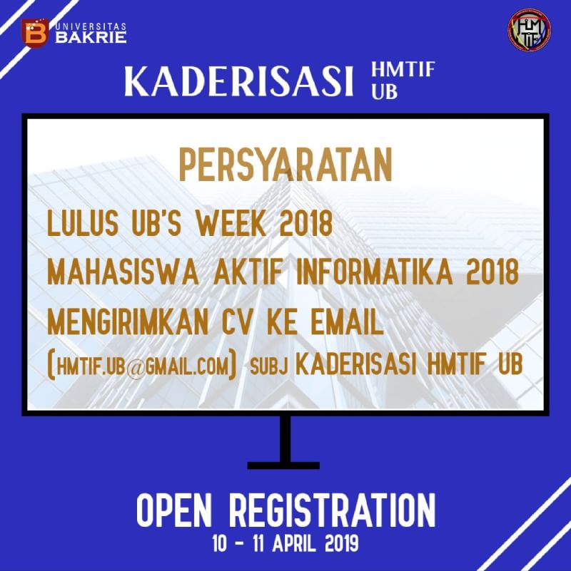 [Opem Registration]
Halo mahasiswa/i informatika 18.

Buruan yuk daftarkan dirimu untuk menjadi bagian dari HMTIF-UB periode 2019/2020 dengan cara mengirimkan CV kalian ke email hmtif.ub@gmail.com 
dengan subjek 
"Kaderisasi HMTIF-UB."

Yuk ikut, dan jadi penerus,
Let's go! 😉