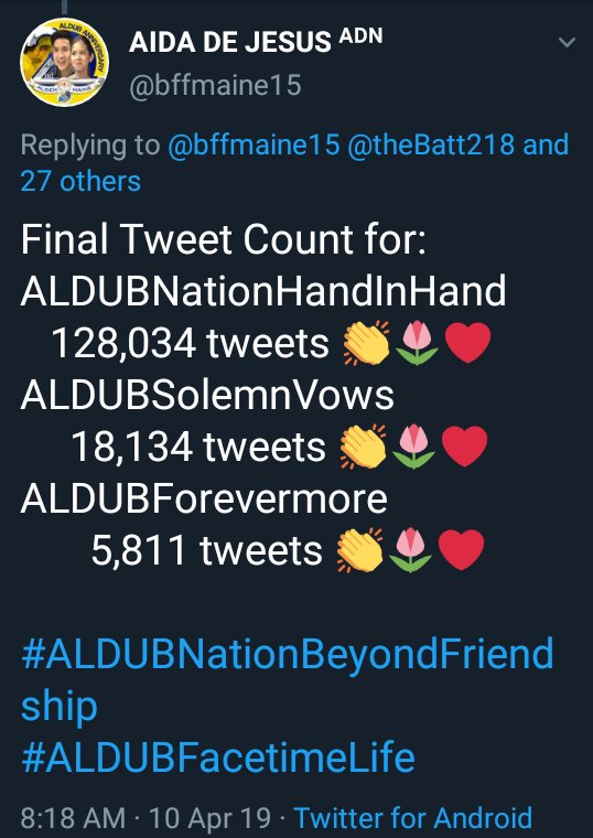 milkyway1969's tweet photo. FINAL TWEET COUNT:
151,979 #ALDUBNationHandInHand+OtherHTs
08Apr2019 🇵🇭
@ofctrendsetter @ALDUBNation @officialaldub16 @aldubmaiden @AlDubBigBoyz @AIFam16 @bffmaine15 @armm2015 @fdnicholas51 @iam_ginghs @azcevergel
#ALDUBNationBeyondFriendship
#ALDUBFacetimeLife
#ALDUBWorthIt https://t.co/5RkFX3GUbb