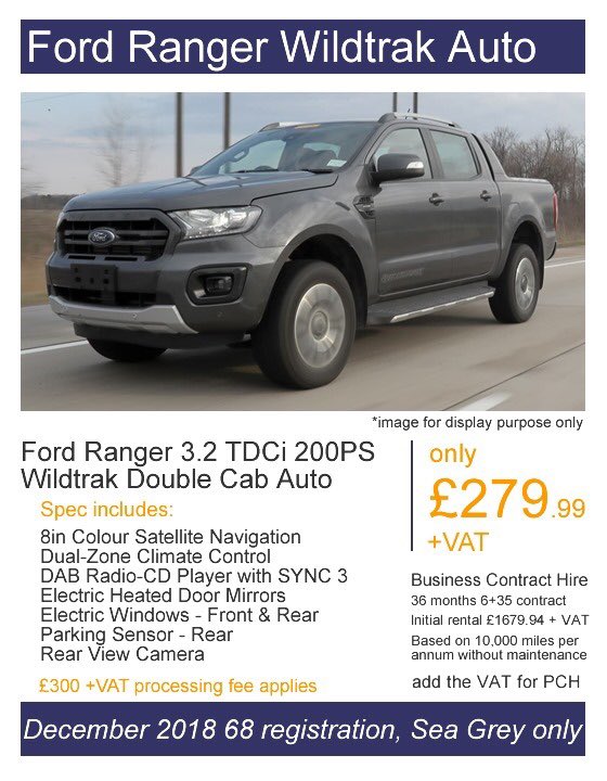 Carleasing_'s tweet photo. Ford Ranger Double Cab 3.2 TDCi 4WD 200PS Wildtrak Pickup Auto
£279.99 + VAT p/m
£1679.94 + VAT initial payment
36 months Contract Hire 6+35 contract, 10000 miles per annum https://t.co/7p853ur8Cw