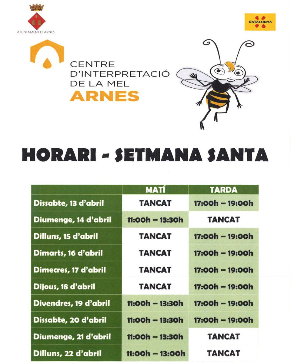 Horaris del centre d'interpretació de la mel #arnes durant els dies de Setmana Santa. @terraalta #pardisrural #terresdelebre #reservadelabiosfera #3territoris