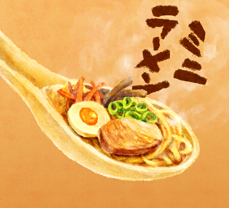 Kamo ｶﾓ 食べ物 動物ｲﾗｽﾄ れんげの中で作る ミニラーメン イラスト