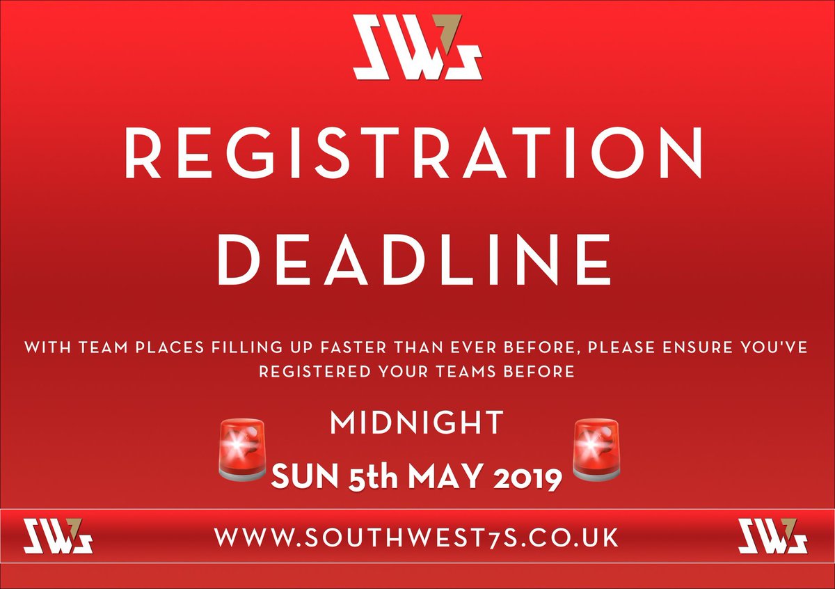 SouthWest7s's tweet photo. π¨ SW7s REGISTRATION DEADLINE π¨
With team entries flooding in faster than ever before and our 2019 event just around the corner, our registration deadline for SW719 will be MIDNIGHT on SUNDAY 5th MAY.
https://t.co/ybznRq2hmG
#Rugby7s #RugbySevens #Netball #Dodgeball #SW7s https://t.co/akE2gAHg70
