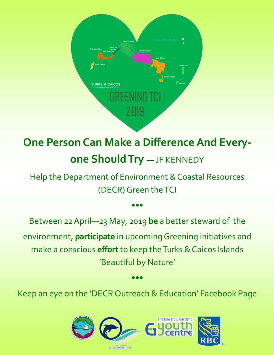 #DECR will be ‘greening’ the #turksandcaicos and invite you to join us in various activities to celebrate #EarthDay (22 April), #InternationalDayforBiodiversity (22 May), & #WorldTurtleDay (23 May).
