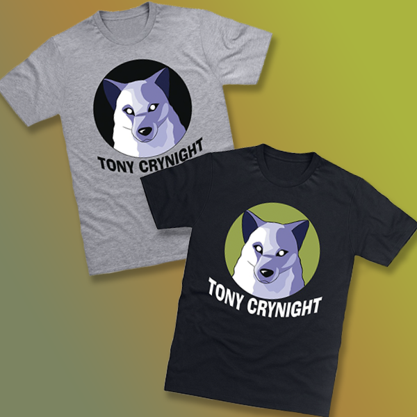 StashRiot's tweet photo. Don't Cry! Tony Crynight shirts are here! 
https://t.co/JCR8wJAygW

and don't forget to check him out on the YouTubes: https://t.co/B5EsV6FkLr

#tonycrynight #youtube #channelfrederatornetwork #teeshirts #shirts #stashriot https://t.co/ZAX3Dz9Zww
