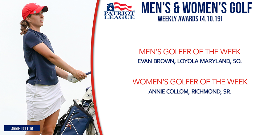 PatriotLeague's tweet photo. ⛳️#PLgolf Men's and Women's Golfers of the Week Announced📣
Men's: @GreyhoundsGolf Evan Brown
Women's @SpiderWGolf Annie Collom
Read More: https://t.co/UNn5cB8lIo https://t.co/F9j1KomRow