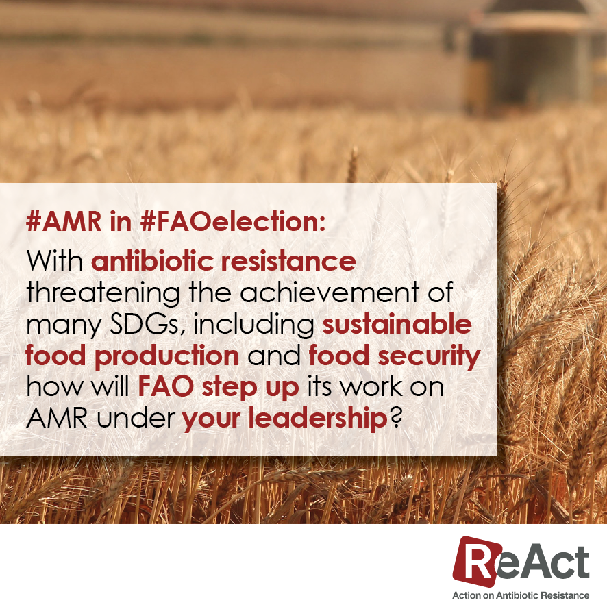 reactgroup's tweet photo. #AMR in #FAOelection Part 1: With antibiotic resistance threatening the achievement of many Sustainable Development Goals, including sustainable food production and food security how will @FAO step up its work on AMR under your leadership? #SDGs #CL161
 @ChathamHouse @ISPIonline https://t.co/ffw4letpN9