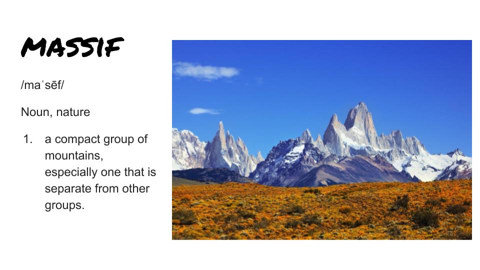 KeanWriting's tweet image. Today's word is Massif, a compact group of mountains, especially one that is separate from other groups.  #keancougars #keanwritingcenter #writingcenter
